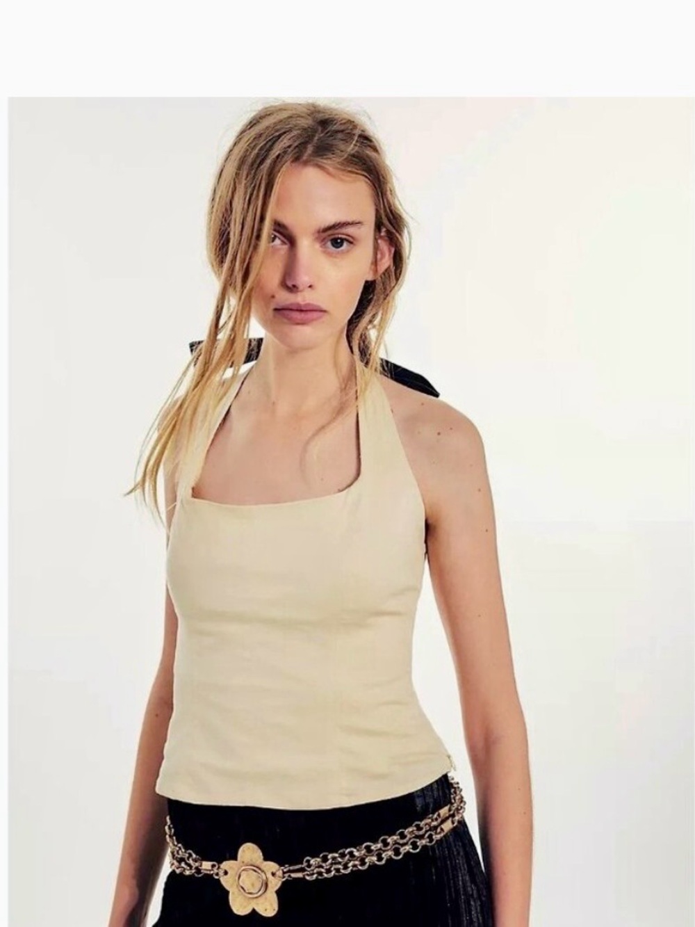 Free People Cream Halter Top with Black Tie- Large